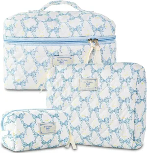 Makeup Bag, 3PC Quilted Makeup Bag Set Cotton Aesthetic Travel Large Cute Cosmetic Toiletry Bag for Women Girls