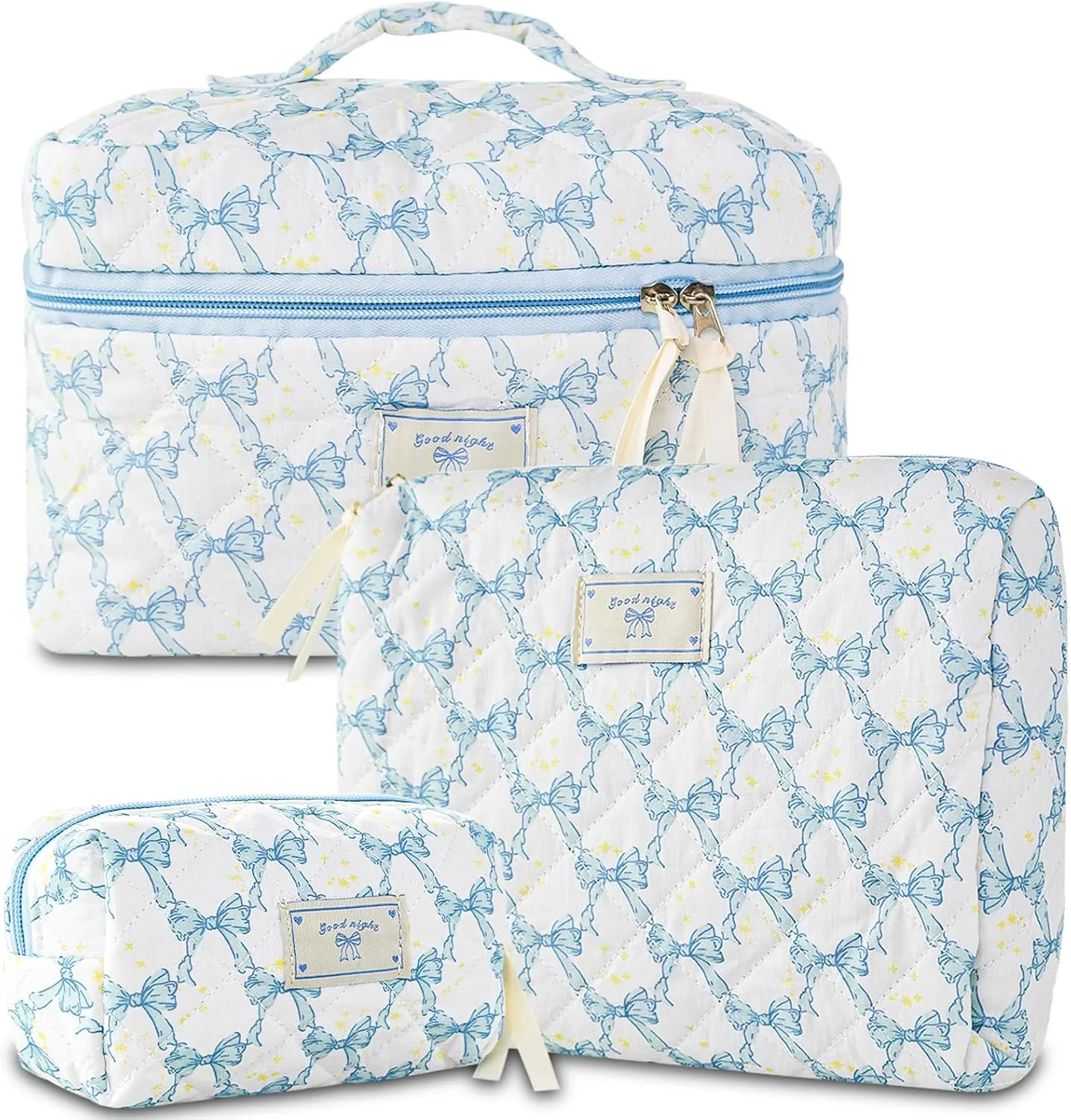 Makeup Bag, 3PC Quilted Makeup Bag Set Cotton Aesthetic Travel Large Cute Cosmetic Toiletry Bag for Women Girls