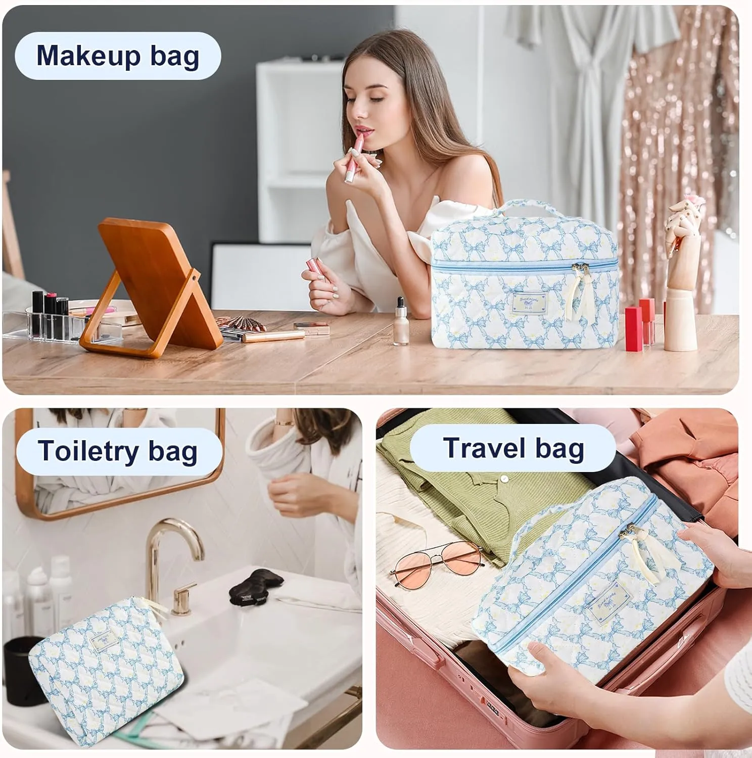 Makeup Bag, 3PC Quilted Makeup Bag Set Cotton Aesthetic Travel Large Cute Cosmetic Toiletry Bag for Women Girls