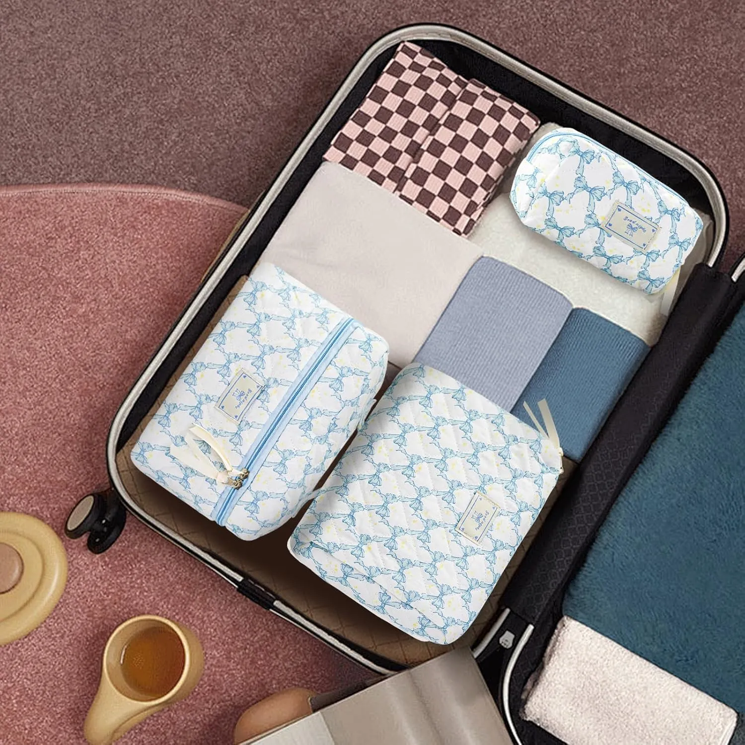 Makeup Bag, 3PC Quilted Makeup Bag Set Cotton Aesthetic Travel Large Cute Cosmetic Toiletry Bag for Women Girls