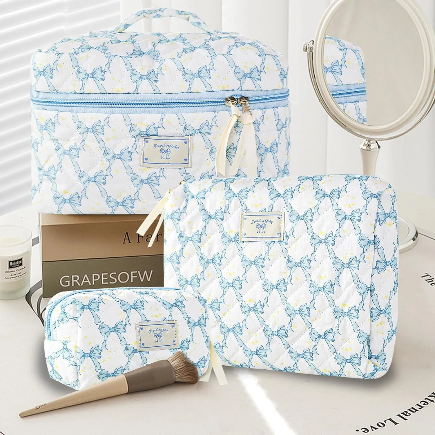 Makeup Bag, 3PC Quilted Makeup Bag Set Cotton Aesthetic Travel Large Cute Cosmetic Toiletry Bag for Women Girls