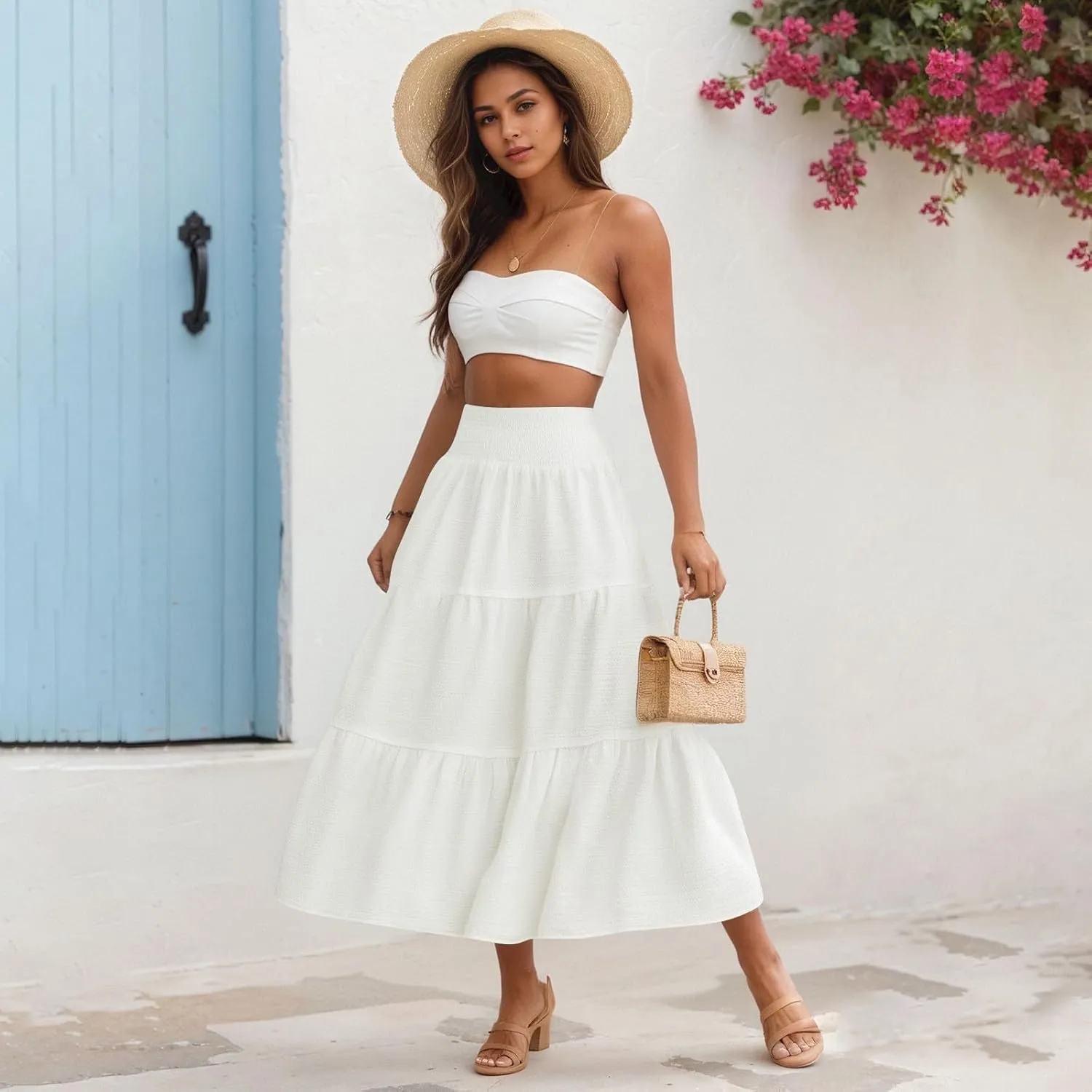Maxi Skirts for Women 2025 Long Flowy Tiered Ruffle Linen Skirt Beach Summer A-Line Elastic High Waisted Skirts