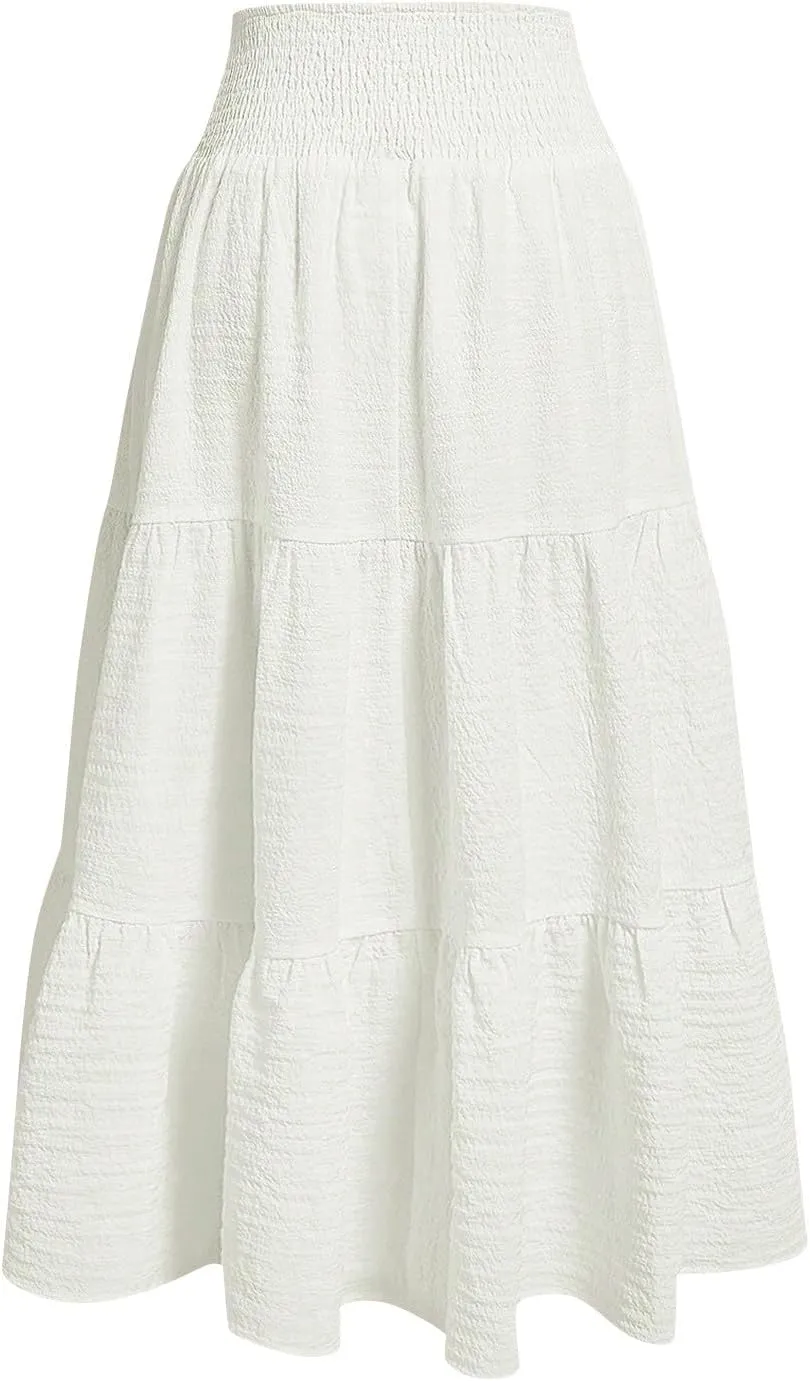 Maxi Skirts for Women 2025 Long Flowy Tiered Ruffle Linen Skirt Beach Summer A-Line Elastic High Waisted Skirts