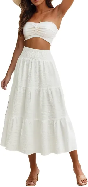 Maxi Skirts for Women 2025 Long Flowy Tiered Ruffle Linen Skirt Beach Summer A-Line Elastic High Waisted Skirts