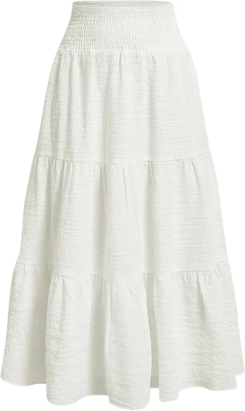 Maxi Skirts for Women 2025 Long Flowy Tiered Ruffle Linen Skirt Beach Summer A-Line Elastic High Waisted Skirts