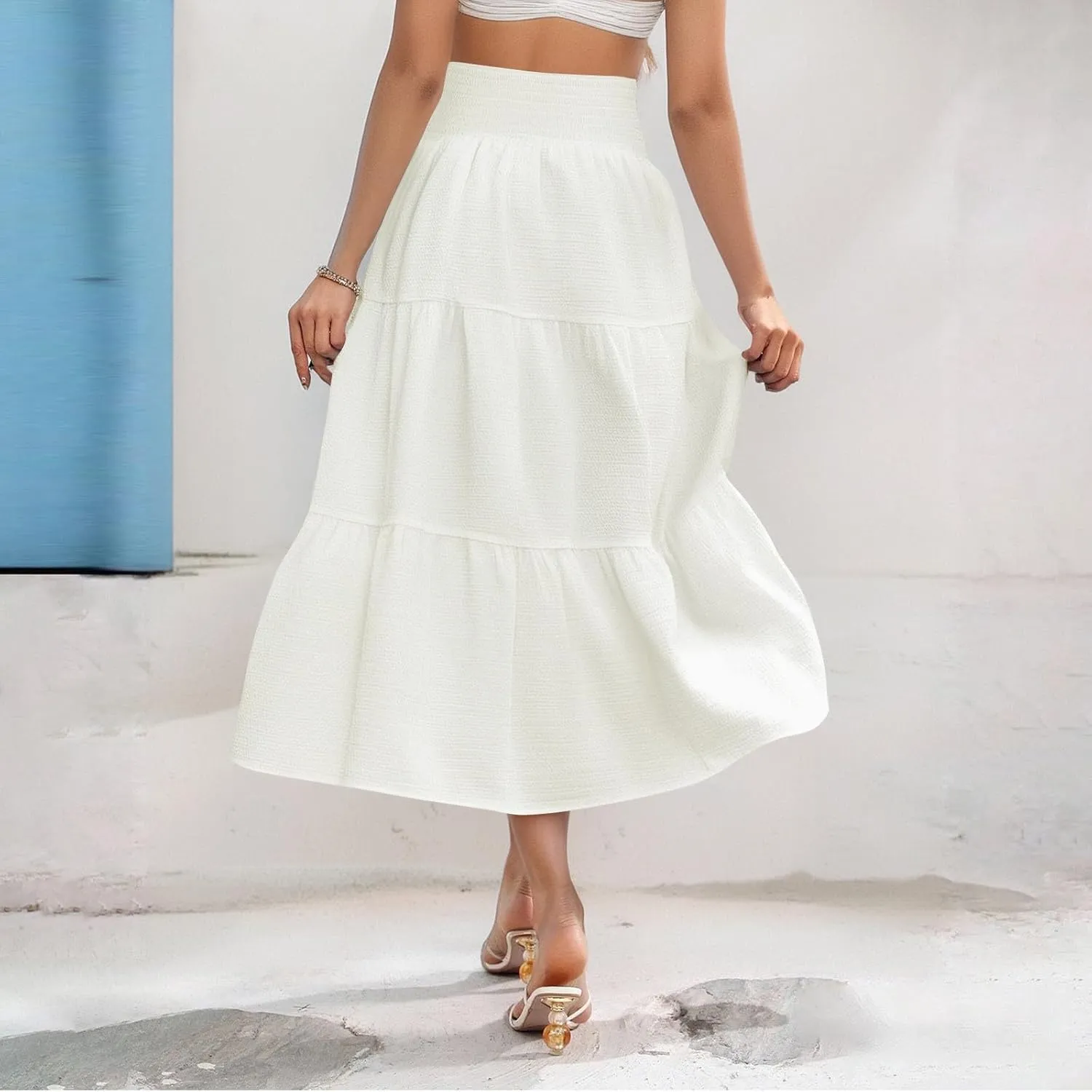 Maxi Skirts for Women 2025 Long Flowy Tiered Ruffle Linen Skirt Beach Summer A-Line Elastic High Waisted Skirts