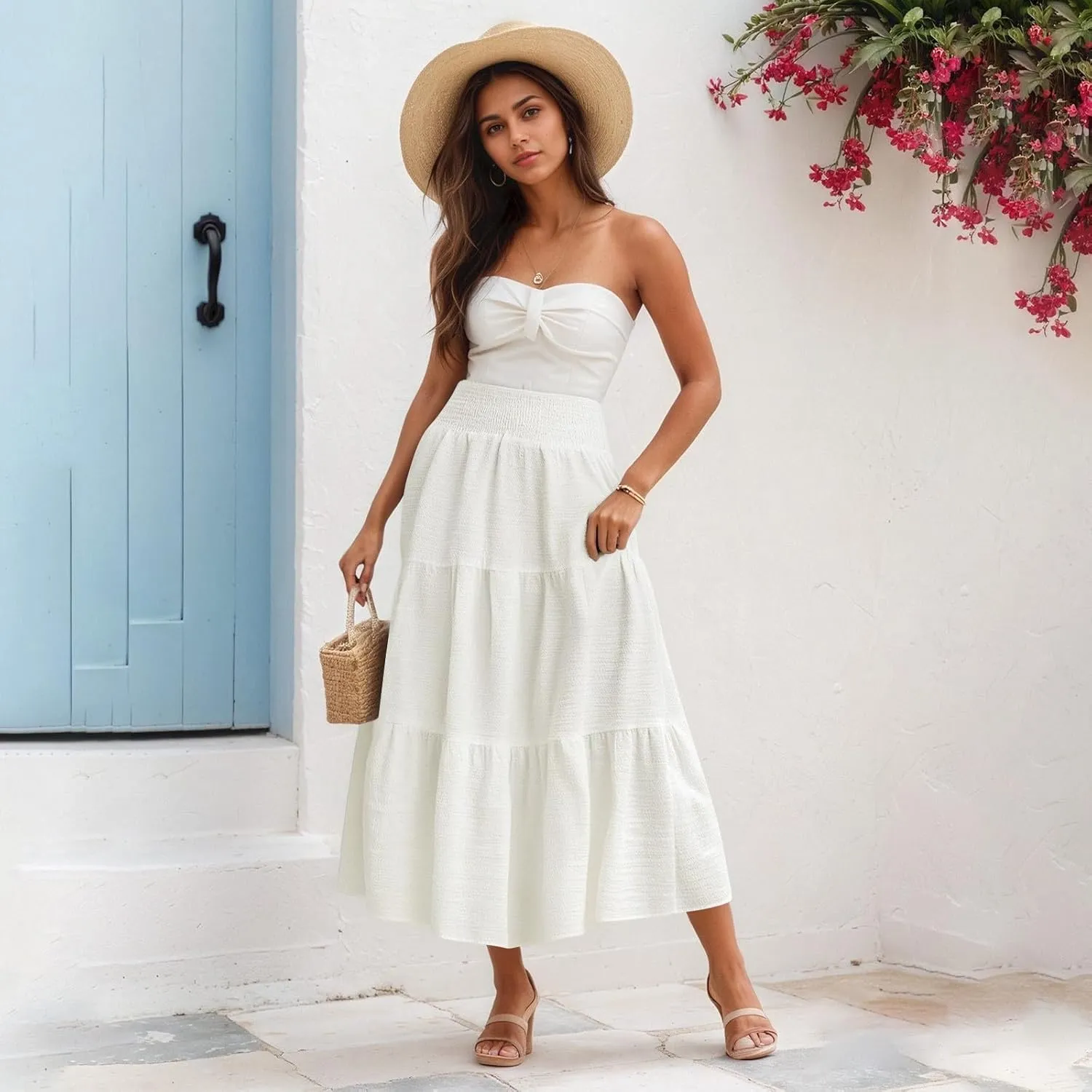 Maxi Skirts for Women 2025 Long Flowy Tiered Ruffle Linen Skirt Beach Summer A-Line Elastic High Waisted Skirts