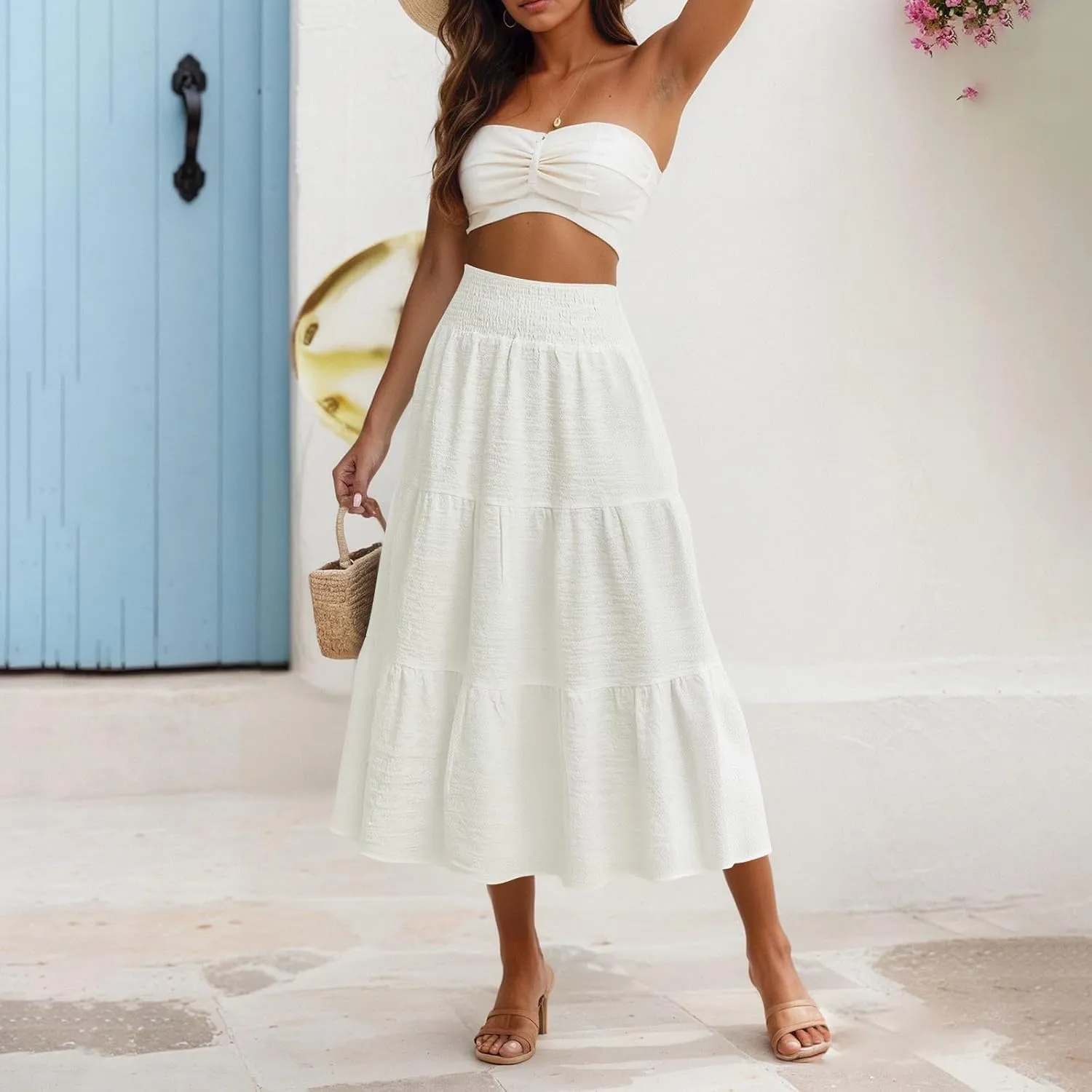 Maxi Skirts for Women 2025 Long Flowy Tiered Ruffle Linen Skirt Beach Summer A-Line Elastic High Waisted Skirts