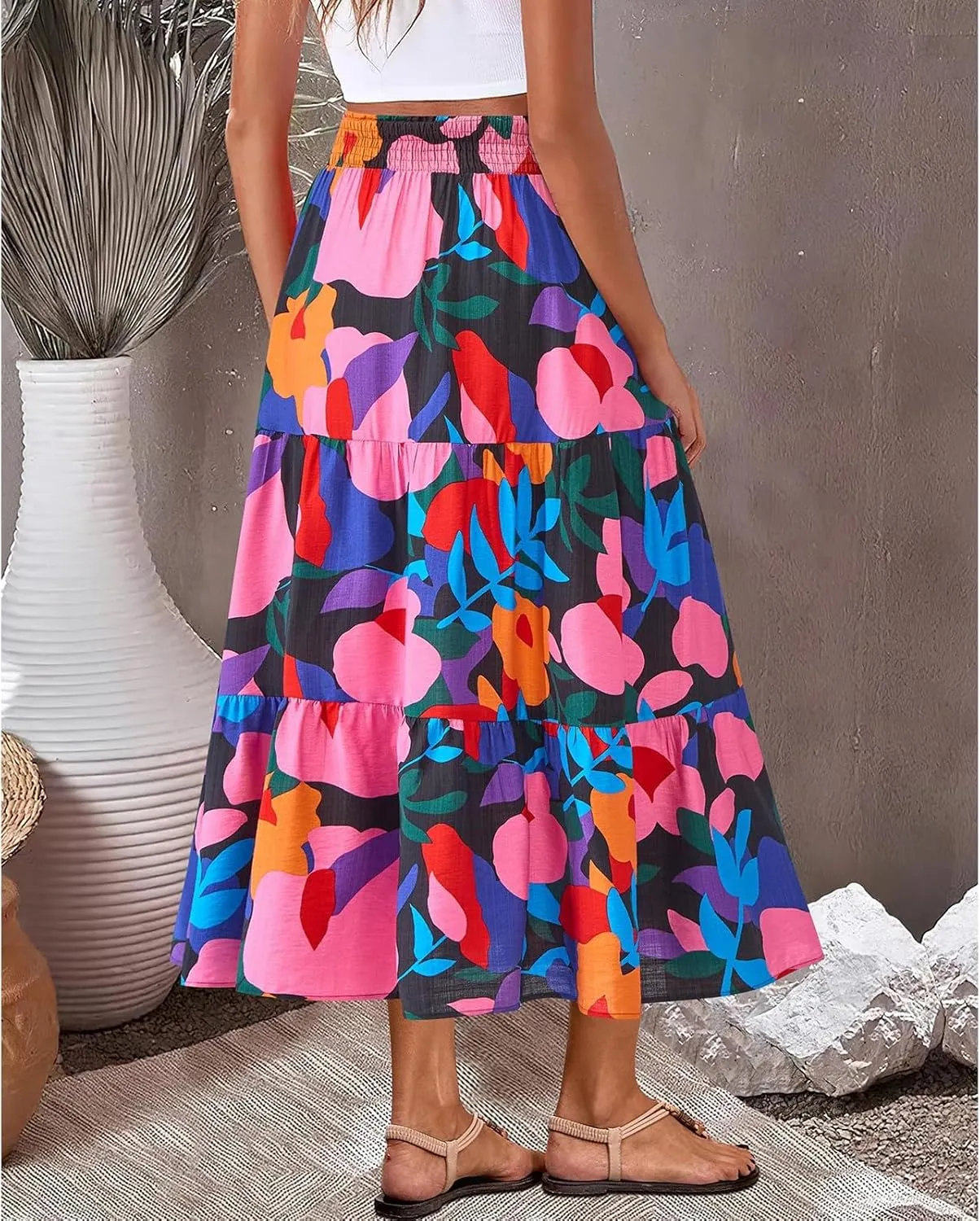 Maxi Skirts for Women Trendy High Waisted Tiered Boho Long Floral Skirt Cute Ruffle Pleated Beach A Line Flowy Skirt
