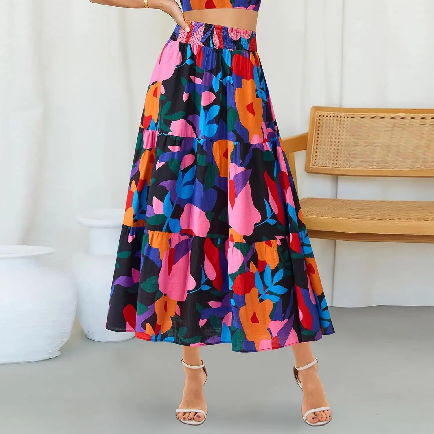 Maxi Skirts for Women Trendy High Waisted Tiered Boho Long Floral Skirt Cute Ruffle Pleated Beach A Line Flowy Skirt