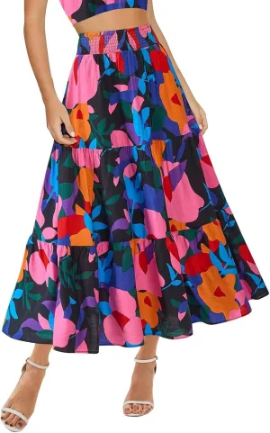 Maxi Skirts for Women Trendy High Waisted Tiered Boho Long Floral Skirt Cute Ruffle Pleated Beach A Line Flowy Skirt