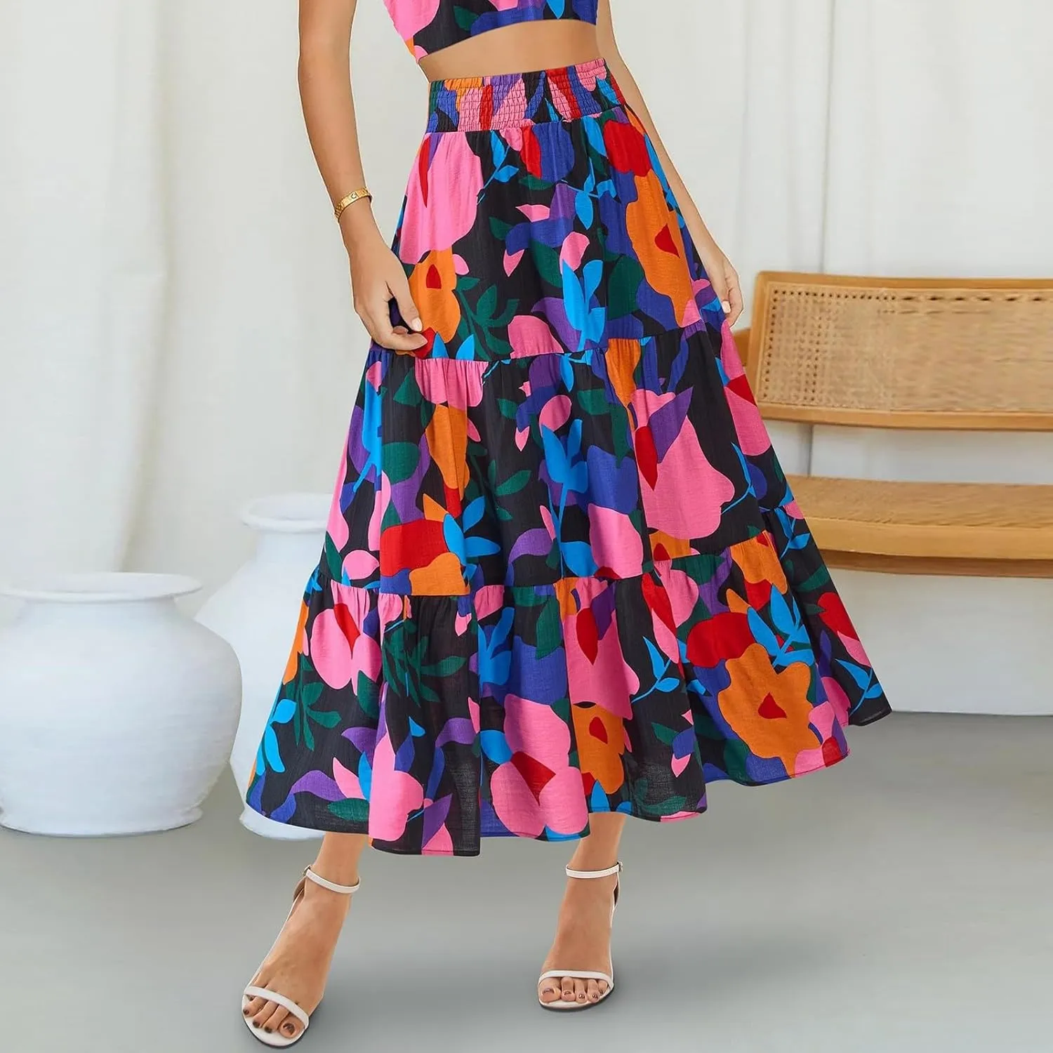 Maxi Skirts for Women Trendy High Waisted Tiered Boho Long Floral Skirt Cute Ruffle Pleated Beach A Line Flowy Skirt