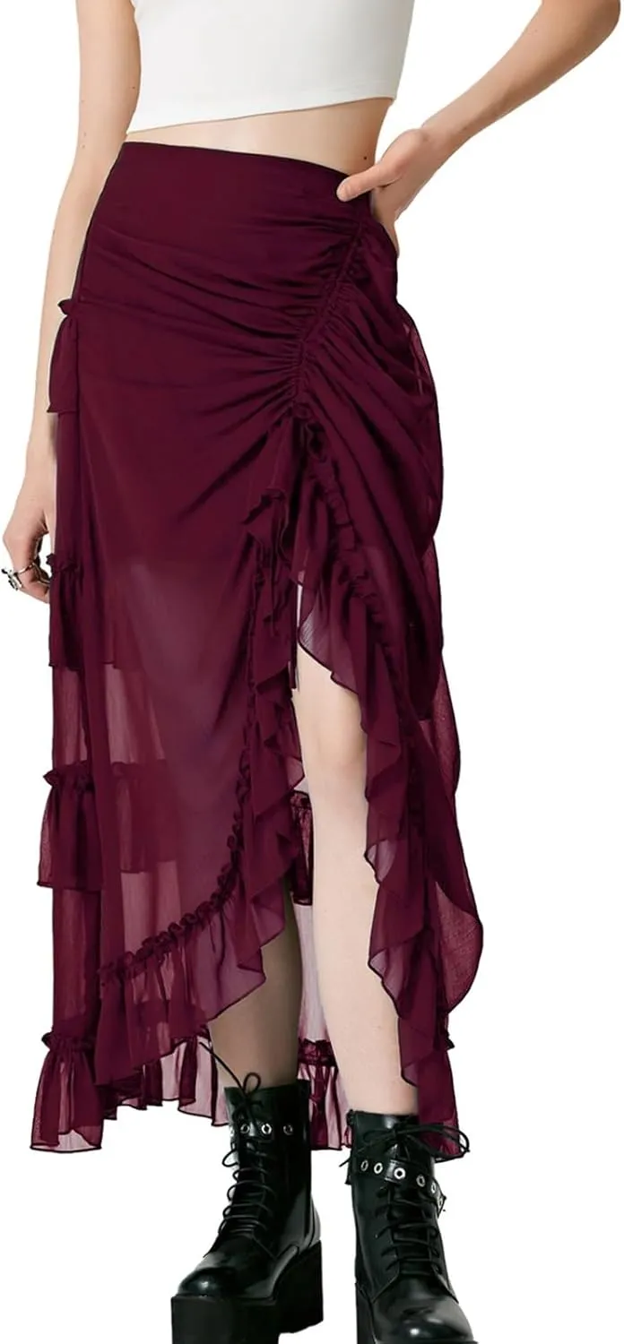 Maxi Skirts for Women Women's Halloween Skirt Irregular Ruffled Skirt Plus Size Skirts Mesh Steampunk Skirt