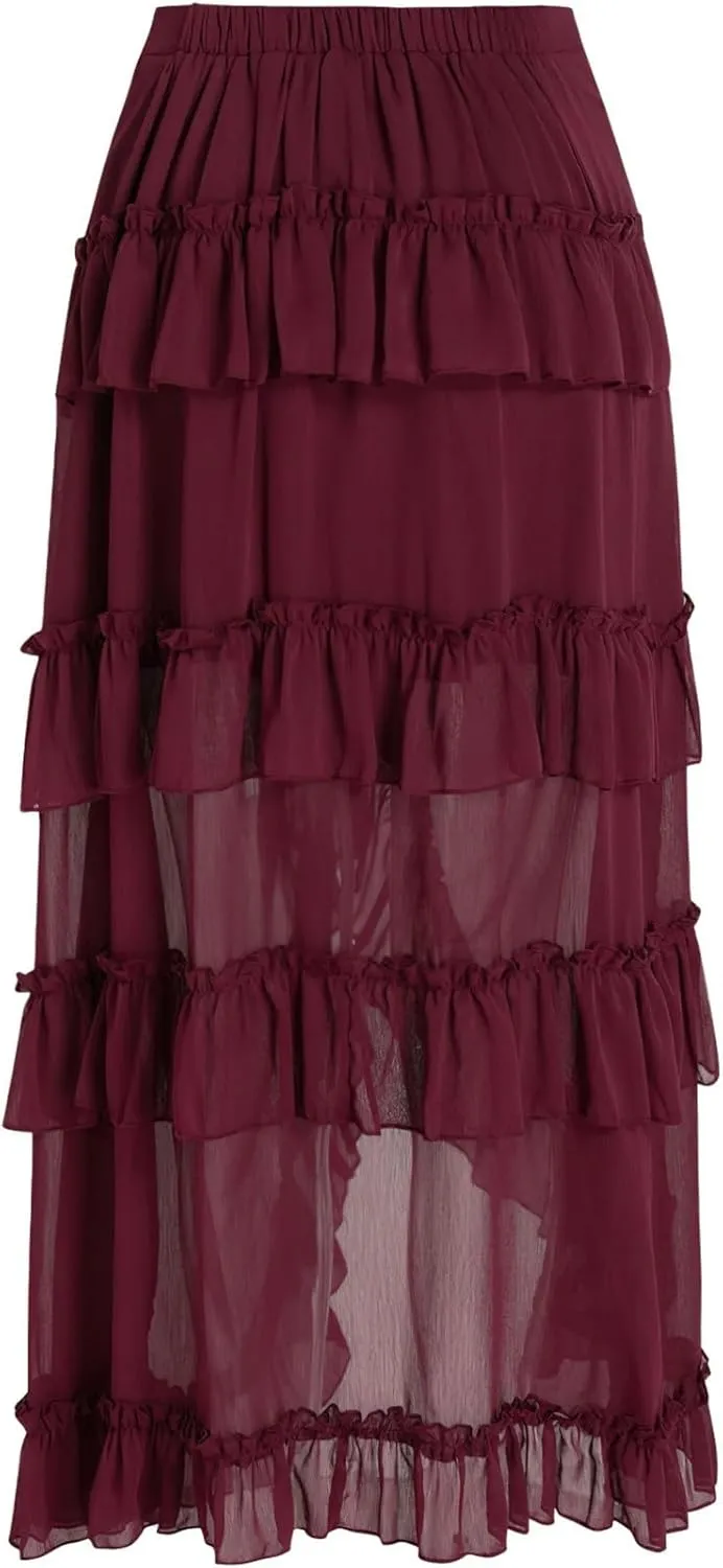 Maxi Skirts for Women Women's Halloween Skirt Irregular Ruffled Skirt Plus Size Skirts Mesh Steampunk Skirt