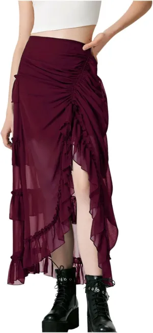 Maxi Skirts for Women Women's Halloween Skirt Irregular Ruffled Skirt Plus Size Skirts Mesh Steampunk Skirt