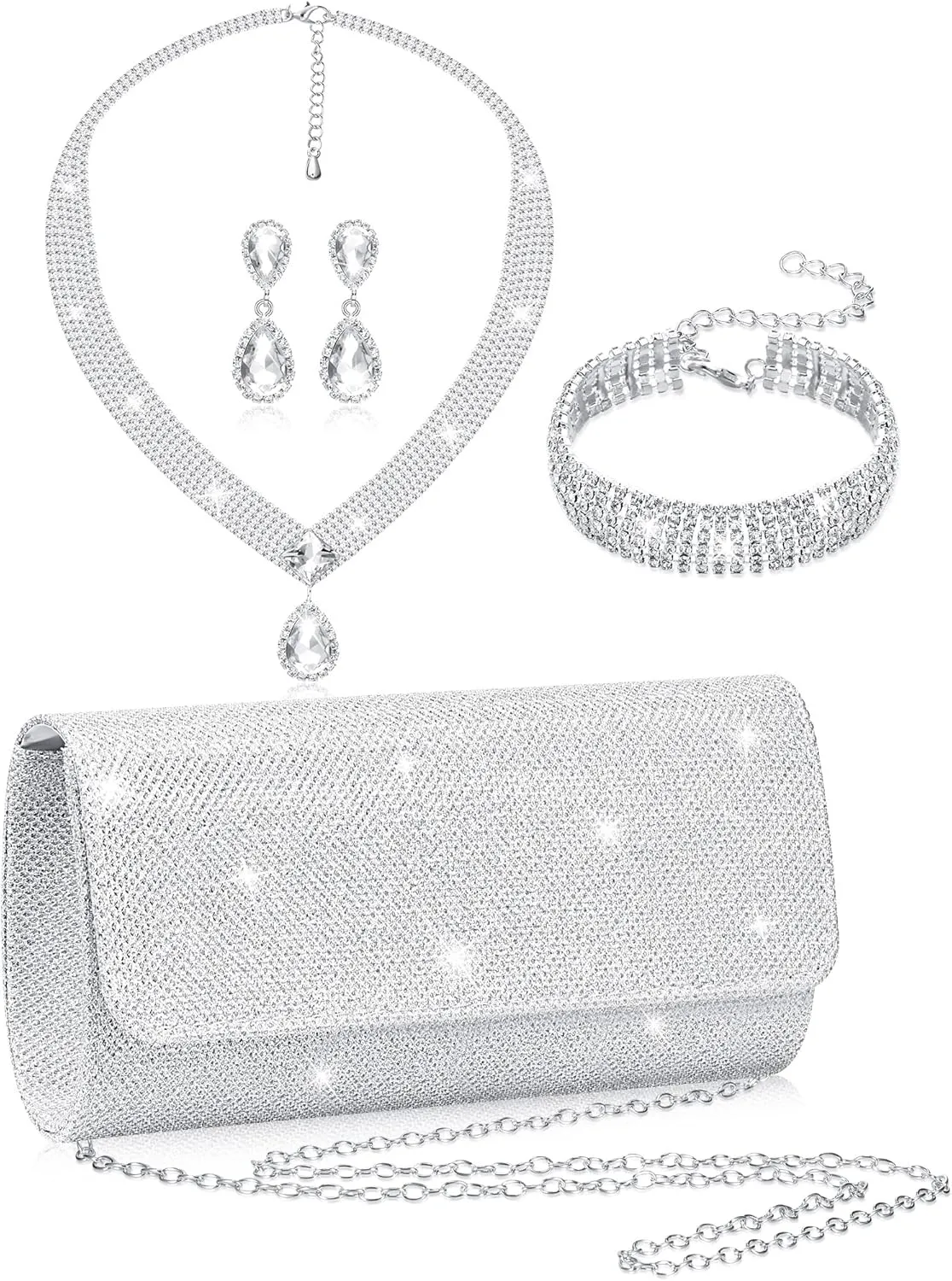 Meanplan 4 Pieces Silver Clutch Purses for Women Evening Rhinestone Purses Silver Prom Jewelry Set for Bridal Wedding Party
