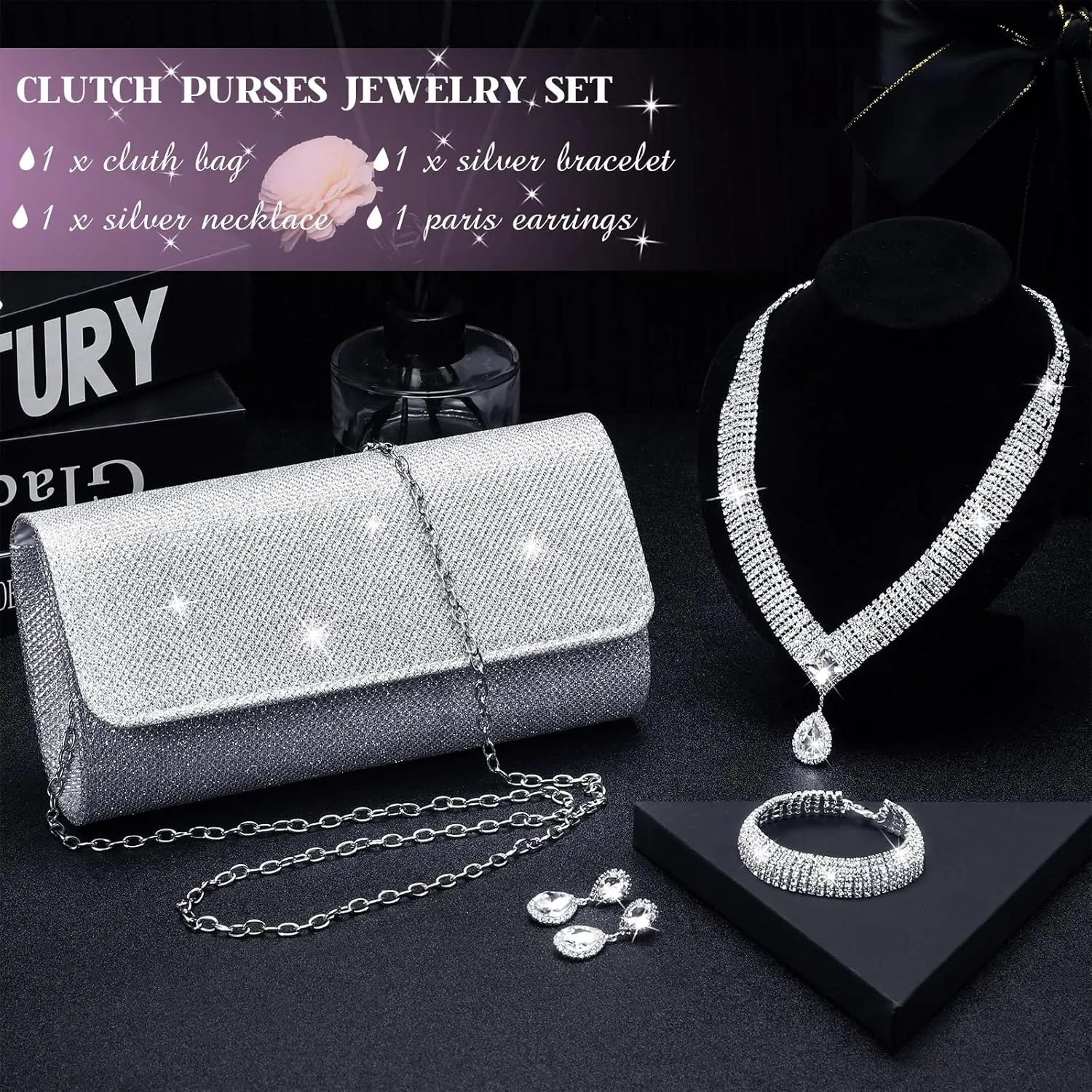 Meanplan 4 Pieces Silver Clutch Purses for Women Evening Rhinestone Purses Silver Prom Jewelry Set for Bridal Wedding Party