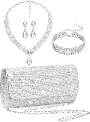 Meanplan 4 Pieces Silver Clutch Purses for Women Evening Rhinestone Purses Silver Prom Jewelry Set for Bridal Wedding Party