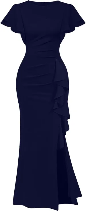 Memoriesea Women's Elegant High Split Ruched Bodycon Mermaid Evening Cocktail Maxi Dress