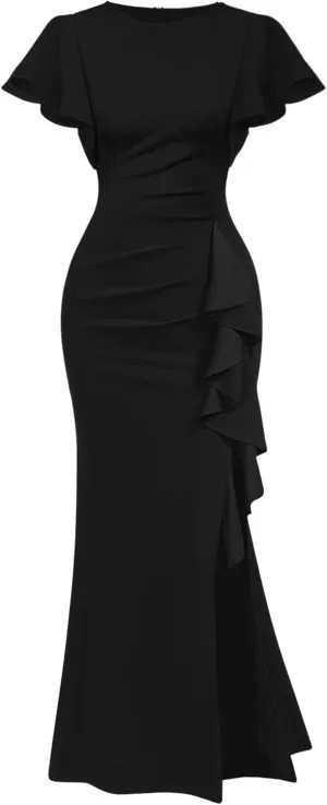Memoriesea Women's Elegant High Split Ruched Bodycon Mermaid Evening Cocktail Maxi Dress