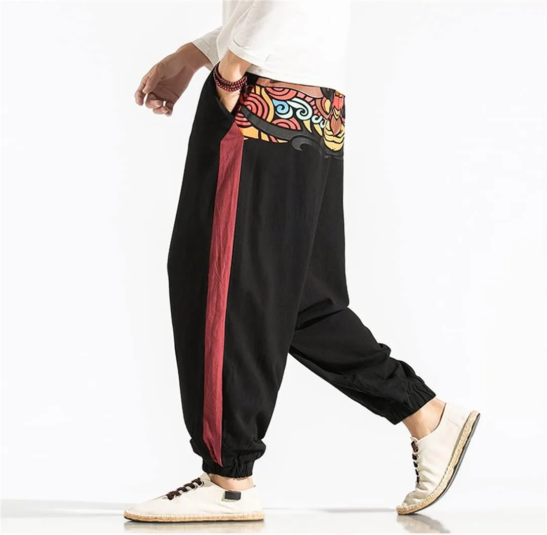 Men Wide Leg Linen Harem Pants Elastic Waist Loose Hiphop Crotch Pants Cross-Pants Street Trousers
