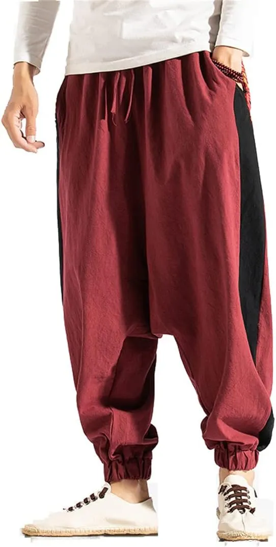 Men Wide Leg Linen Harem Pants Elastic Waist Loose Hiphop Crotch Pants Cross-Pants Street Trousers