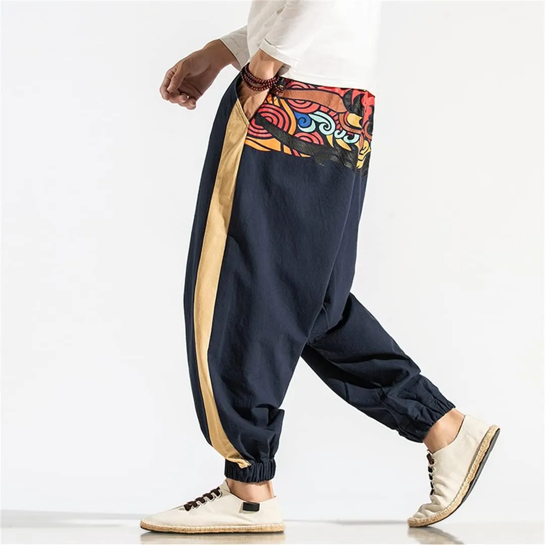Men Wide Leg Linen Harem Pants Elastic Waist Loose Hiphop Crotch Pants Cross-Pants Street Trousers
