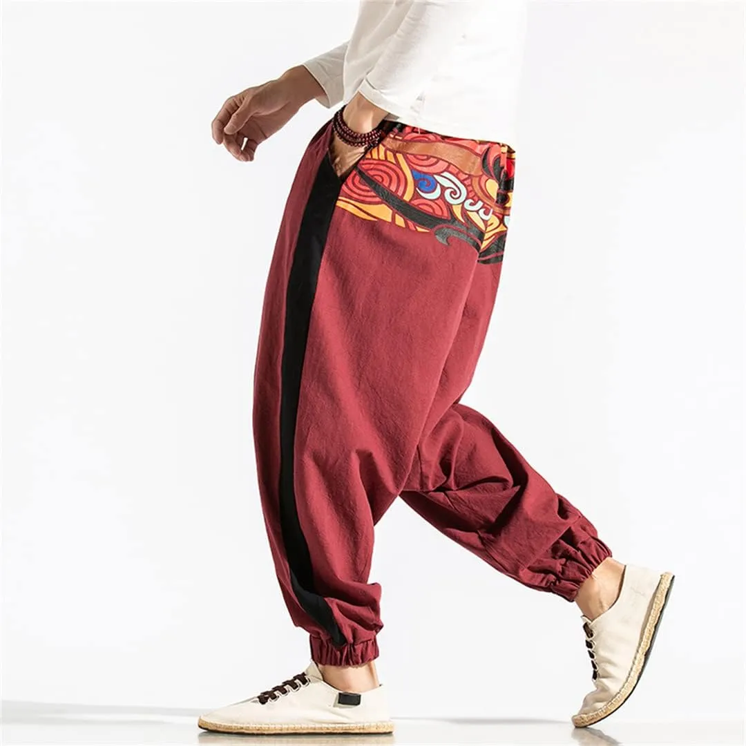 Men Wide Leg Linen Harem Pants Elastic Waist Loose Hiphop Crotch Pants Cross-Pants Street Trousers
