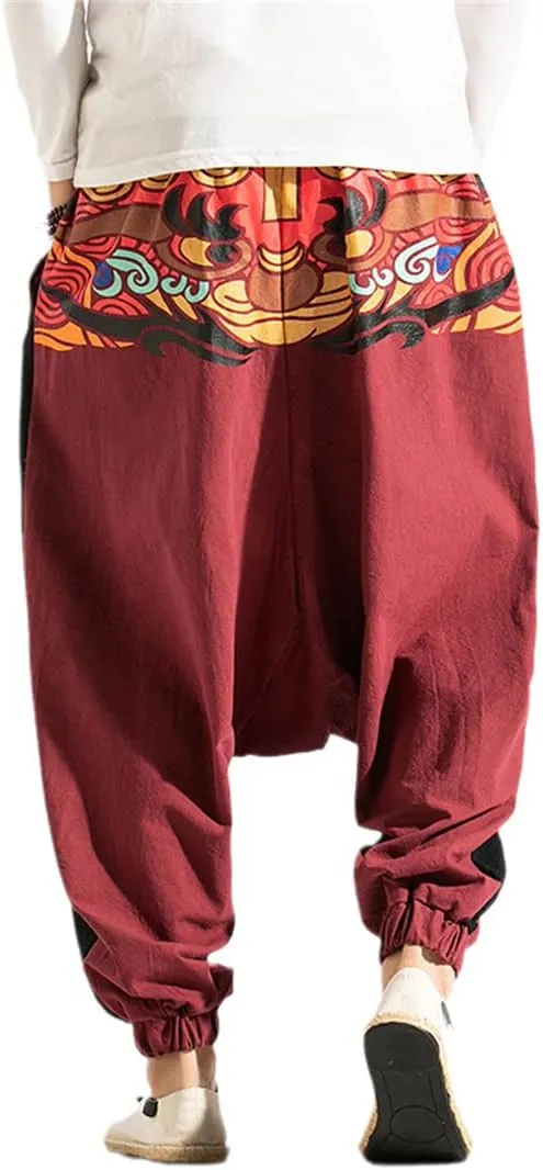 Men Wide Leg Linen Harem Pants Elastic Waist Loose Hiphop Crotch Pants Cross-Pants Street Trousers