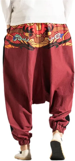 Men Wide Leg Linen Harem Pants Elastic Waist Loose Hiphop Crotch Pants Cross-Pants Street Trousers