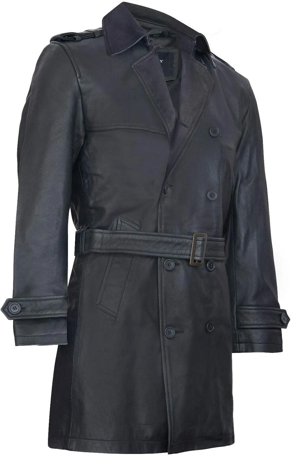 Mens Black German Military WW2 Vintage Long Trench Coat Genuine Leather Jacket