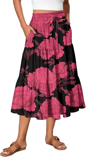 Midi Skirts for Women 2025 High Elastic Waisted Tiered Ruffle Skirt Flowy A Line Boho Floral Skirts Skorts with Pockets