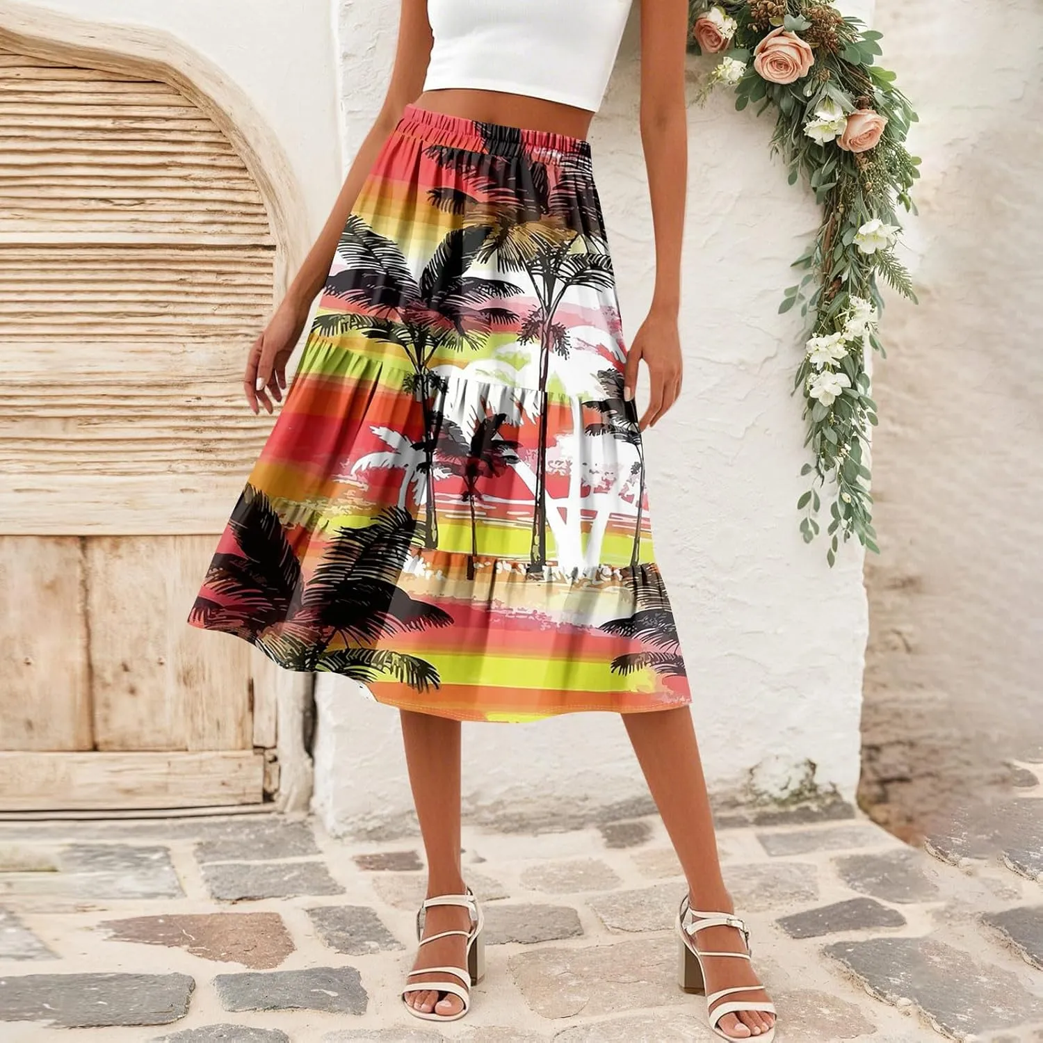midi Tiered Floral Skirts for Women Trendy Boho high Elastic Waist Long Ruffle Flowy a line Skirts Vacation Skort