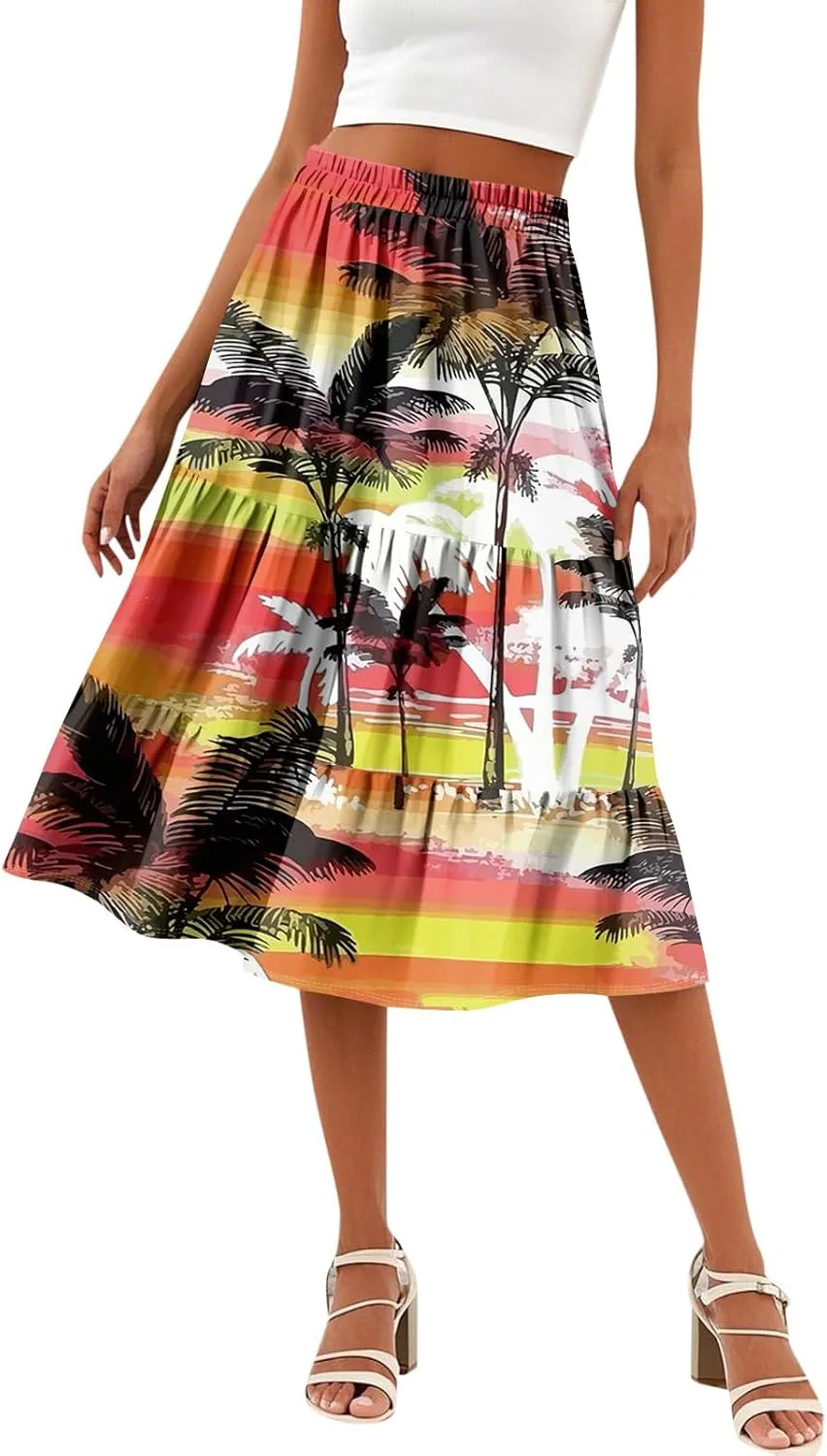 midi Tiered Floral Skirts for Women Trendy Boho high Elastic Waist Long Ruffle Flowy a line Skirts Vacation Skort