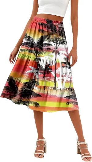 midi Tiered Floral Skirts for Women Trendy Boho high Elastic Waist Long Ruffle Flowy a line Skirts Vacation Skort
