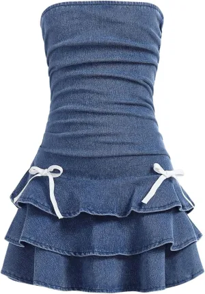 Milumia Girl's Ruched Denim Tube Dress Bow Knot Tiered Layered Short Dresses