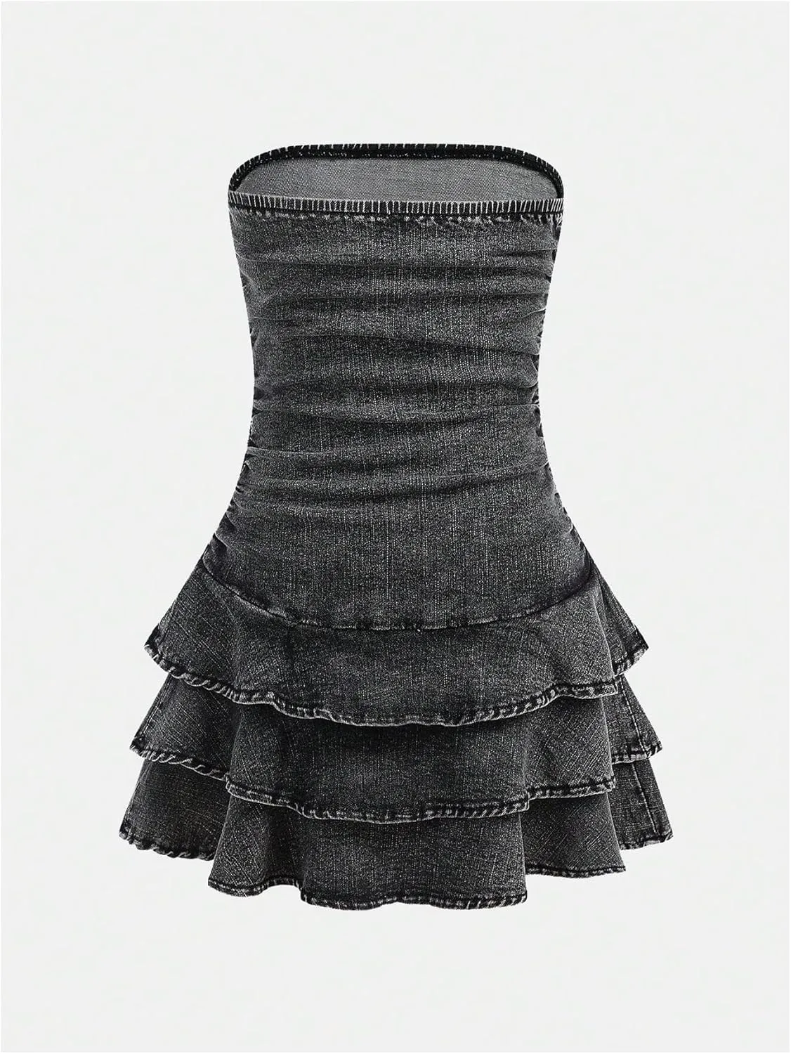 Milumia Girl's Ruched Denim Tube Dress Bow Knot Tiered Layered Short Dresses