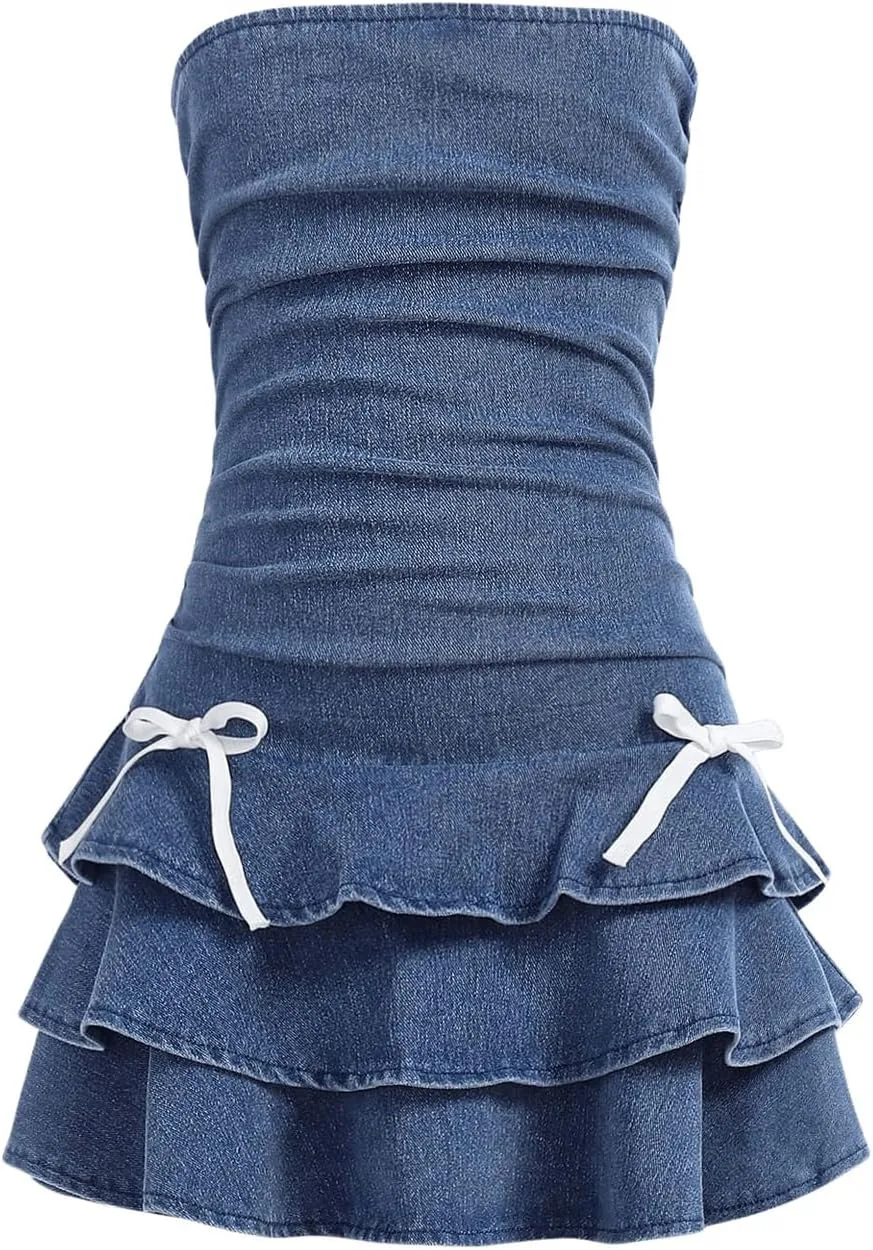 Milumia Girl's Ruched Denim Tube Dress Bow Knot Tiered Layered Short Dresses