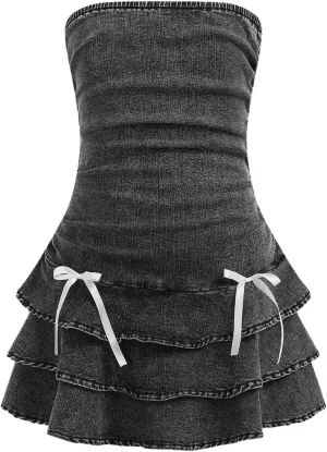 Milumia Girl's Ruched Denim Tube Dress Bow Knot Tiered Layered Short Dresses