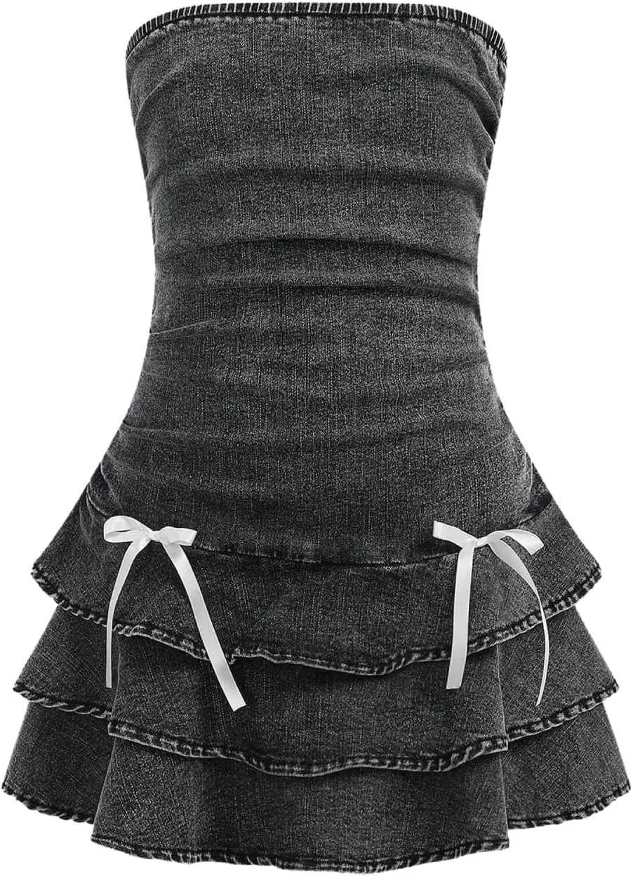 Milumia Girl's Ruched Denim Tube Dress Bow Knot Tiered Layered Short Dresses