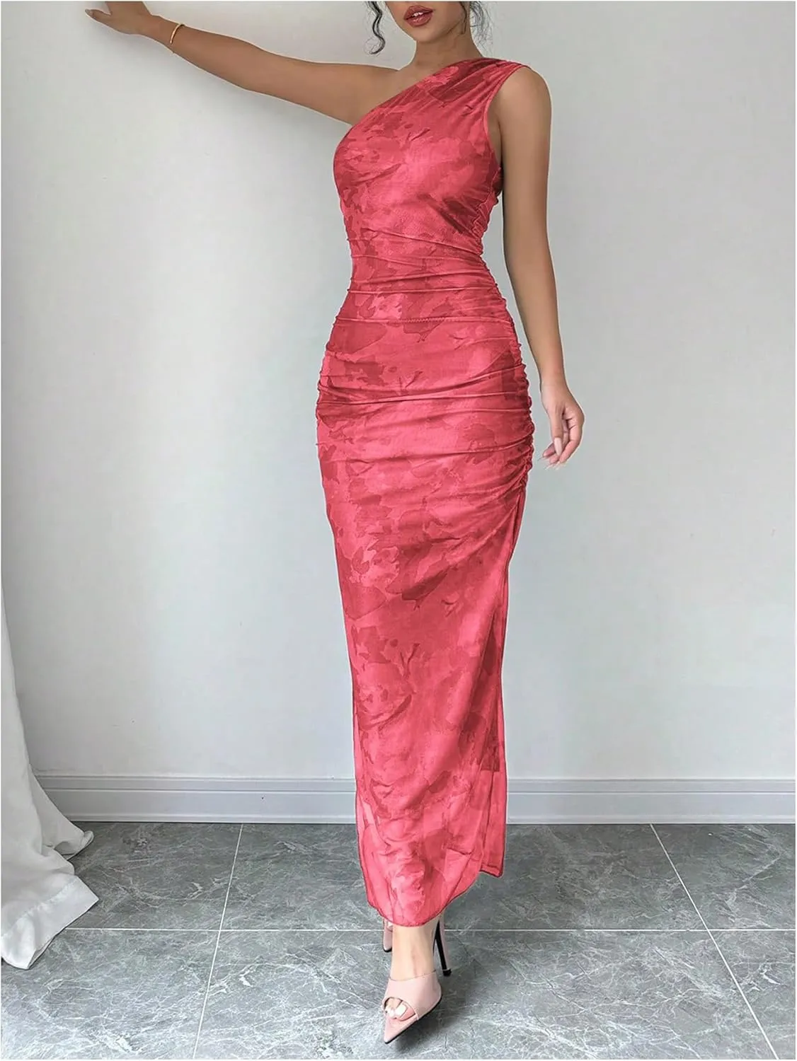 Milumia Women's Printed One Shoulder Bodycon Dresses Sleeveless Asymmetrical Neck Ruched Slit Maxi Dress