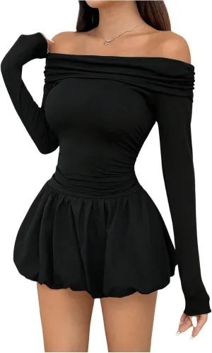 Milumia Women's Ruched Off Shoulder Long Sleeve Flared Bubble Mini Dresses Fall Outfit