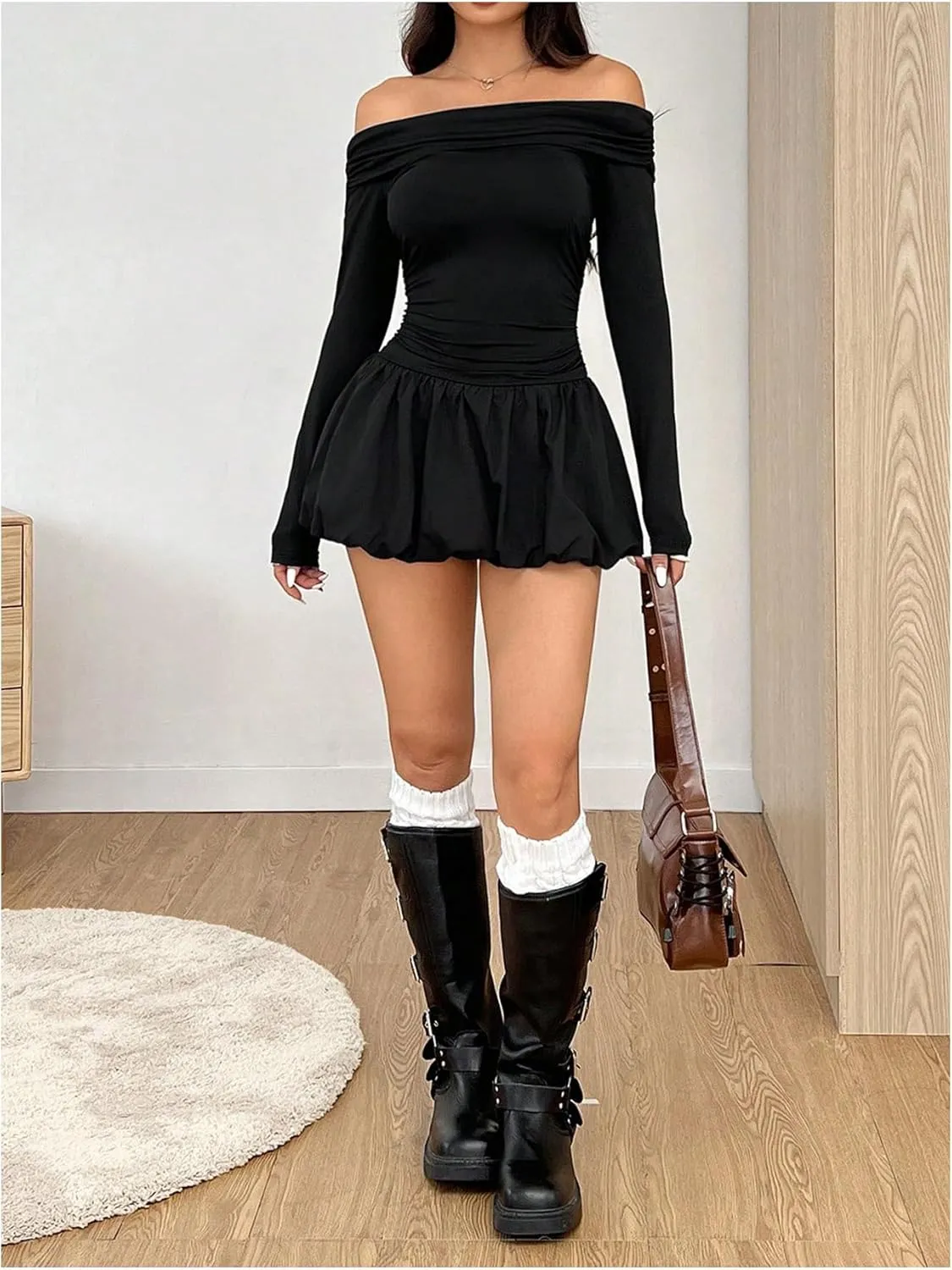 Milumia Women's Ruched Off Shoulder Long Sleeve Flared Bubble Mini Dresses Fall Outfit
