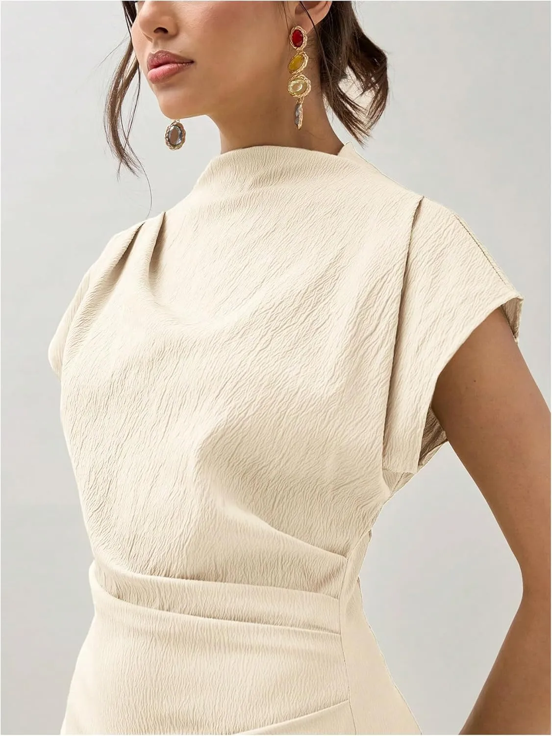 Milumia Women's Summer Textured Mock Neck Cap Sleeve Dress Elegant Asymmetrical Hem Mini Dresses