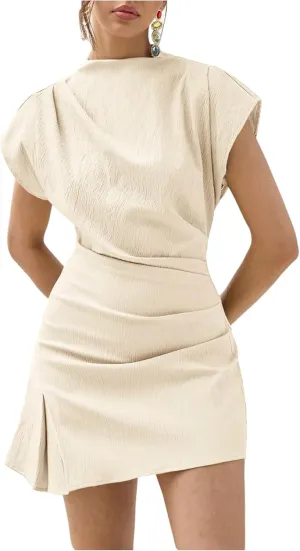 Milumia Women's Summer Textured Mock Neck Cap Sleeve Dress Elegant Asymmetrical Hem Mini Dresses