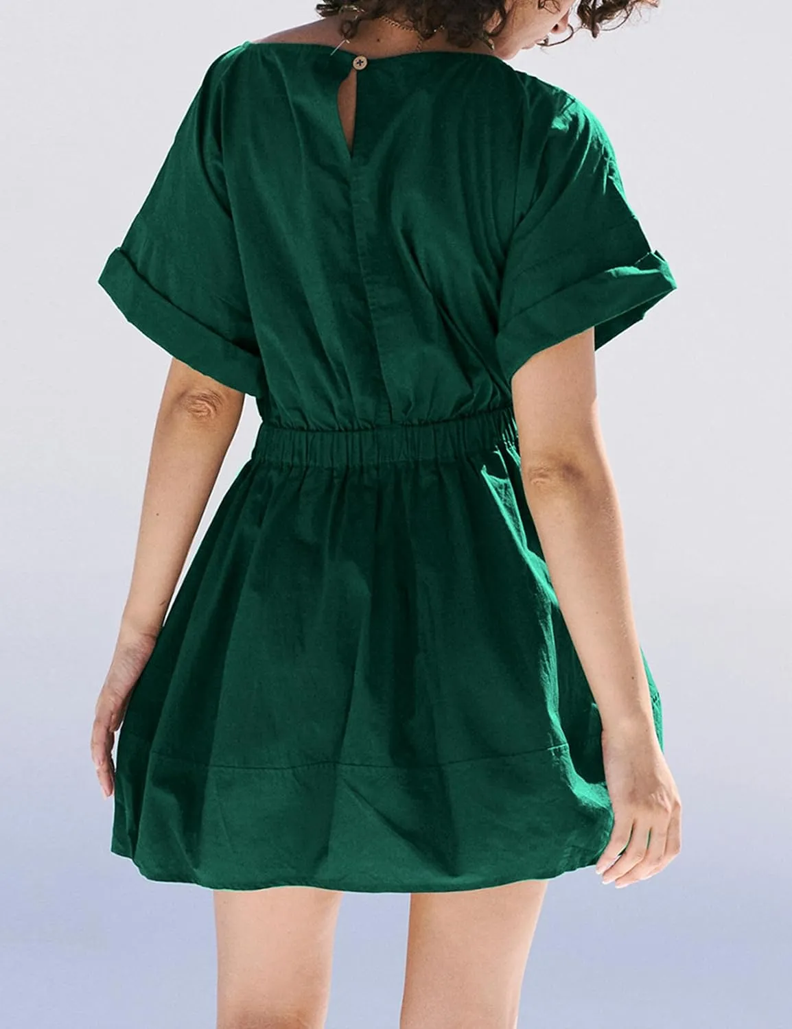 Mingzhu Women's Summer Short Sleeve Mini Dress Open Back A Line Sundress with Pockets