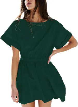 Mingzhu Women's Summer Short Sleeve Mini Dress Open Back A Line Sundress with Pockets