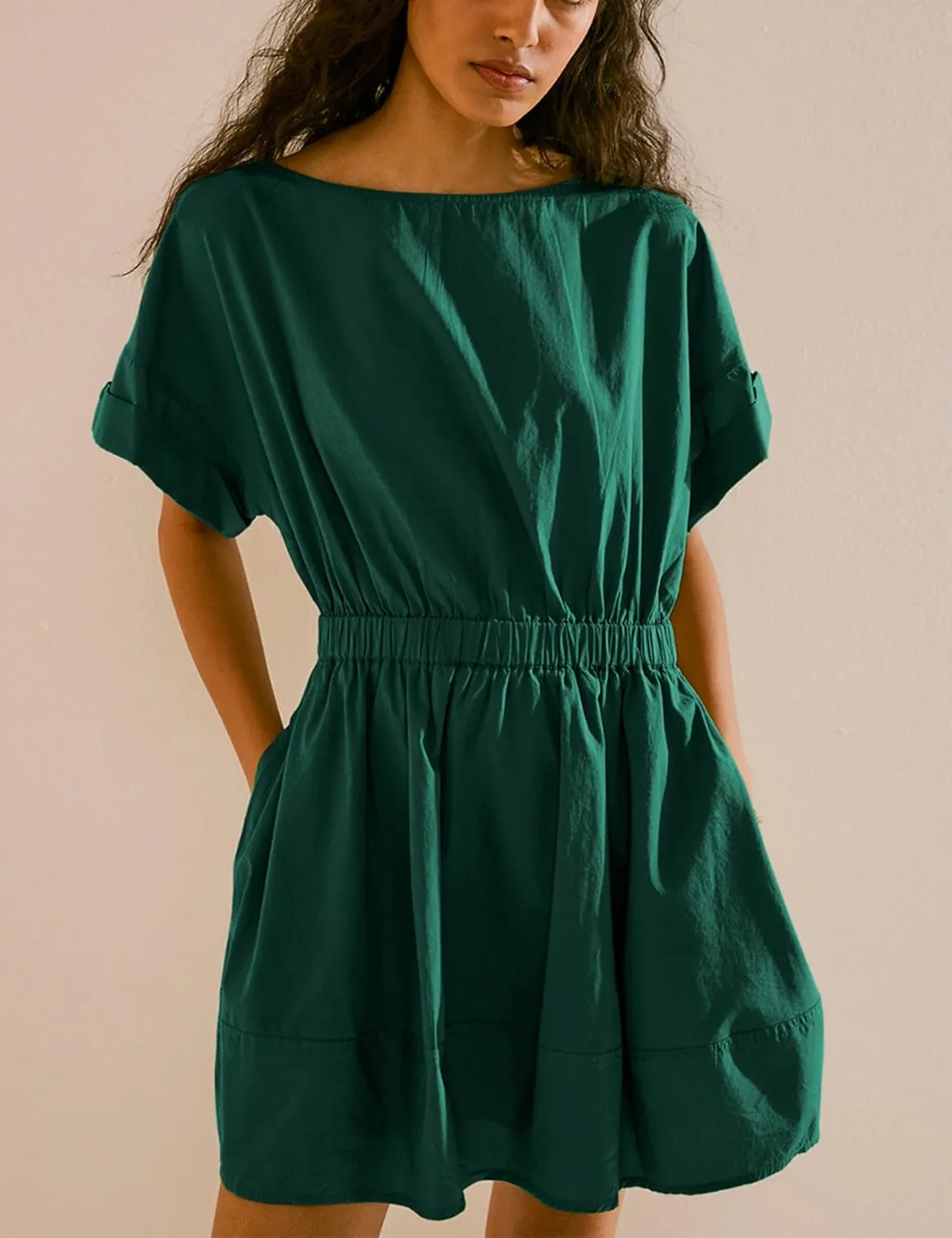 Mingzhu Women's Summer Short Sleeve Mini Dress Open Back A Line Sundress with Pockets