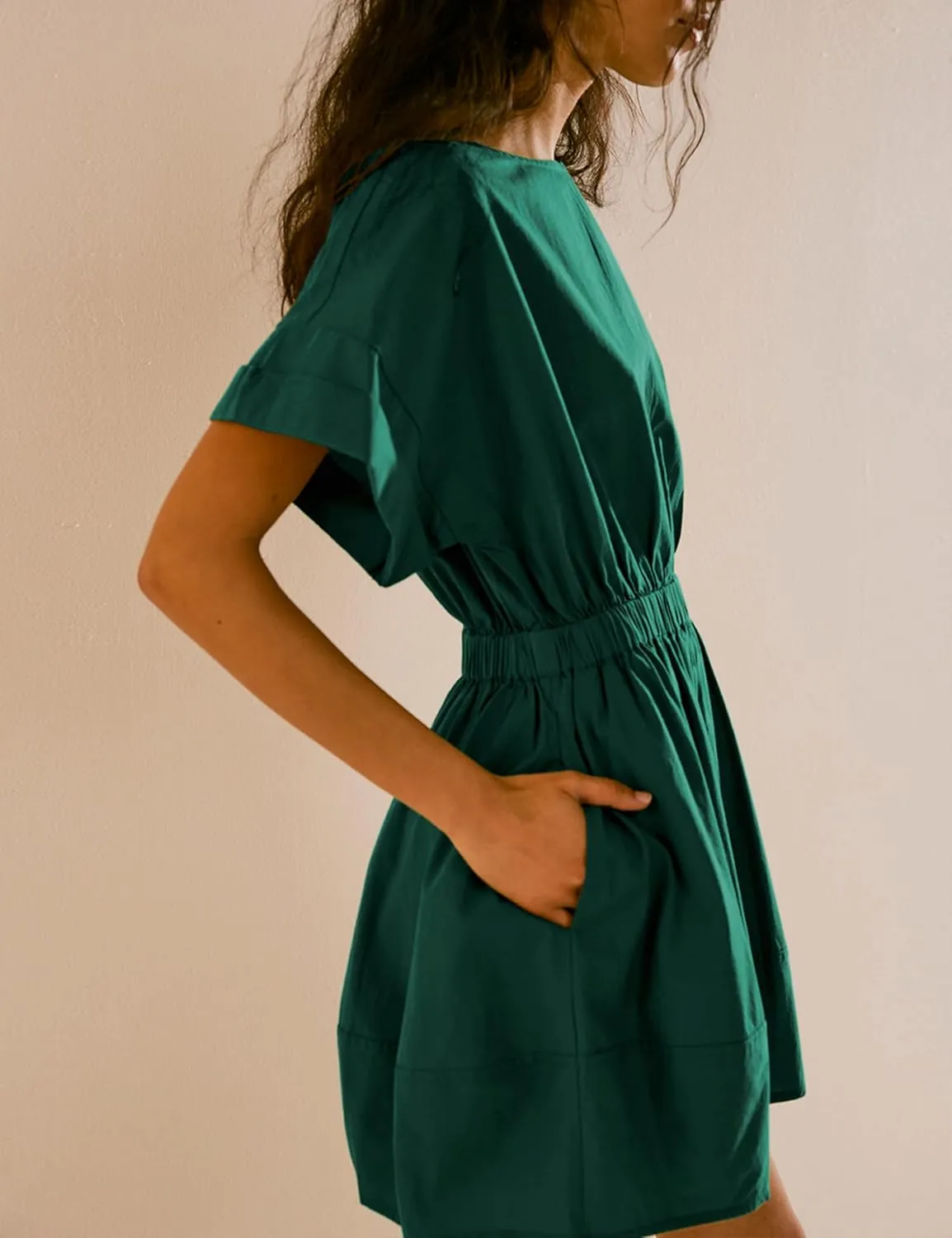 Mingzhu Women's Summer Short Sleeve Mini Dress Open Back A Line Sundress with Pockets