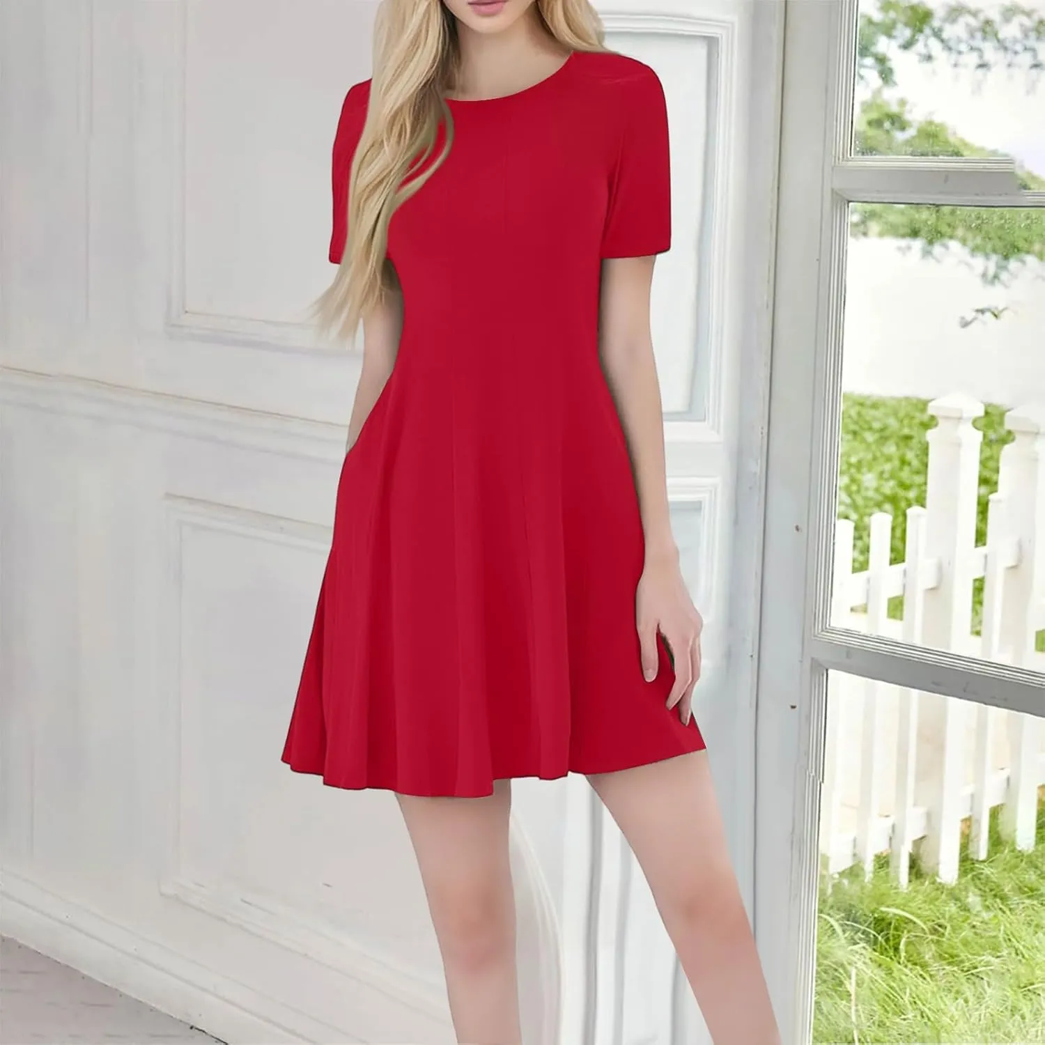 Mini Dress for Women, Summer Plus Size Formal Dresses Short Sleeve Ruffle Crew Neck Dress with Pockets Beach Dresses